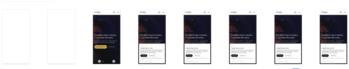 Secvență de opt cadre din încărcarea pe mobil a cittago.com, extrasă din raportul PageSpeed Insights din 7 august 2026: primele două cadre sunt ecrane albe goale, din al treilea apare pagina cu titlul Numbers move money, Craft earns the trust și bannerul de cookie-uri cu butoanele Accept all și Essential only
