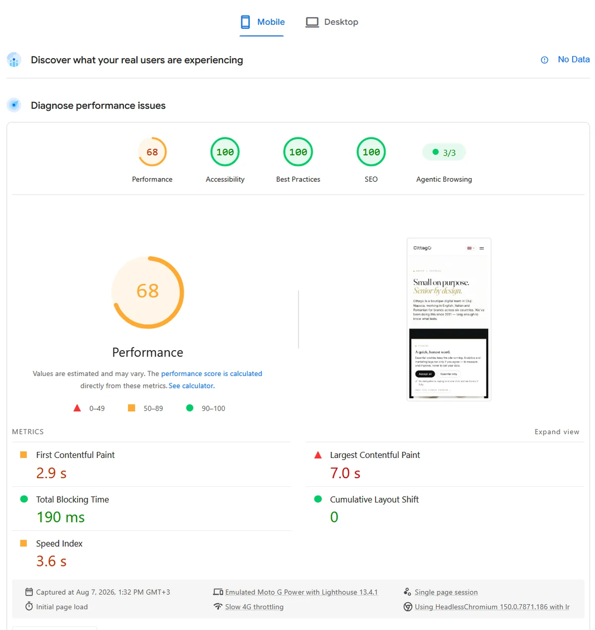 Raportul PageSpeed Insights pentru cittago.com în modul mobil, 7 august 2026 ora 13:32: performanță 68, accesibilitate 100, best practices 100, SEO 100, agentic browsing 3 din 3; First Contentful Paint 2,9 s, Largest Contentful Paint 7,0 s, Total Blocking Time 190 ms, Cumulative Layout Shift 0, Speed Index 3,6 s; sus, rândul cu datele utilizatorilor reali arată No Data; jos: emulare Moto G Power cu Lighthouse 13.4.1 și limitare Slow 4G