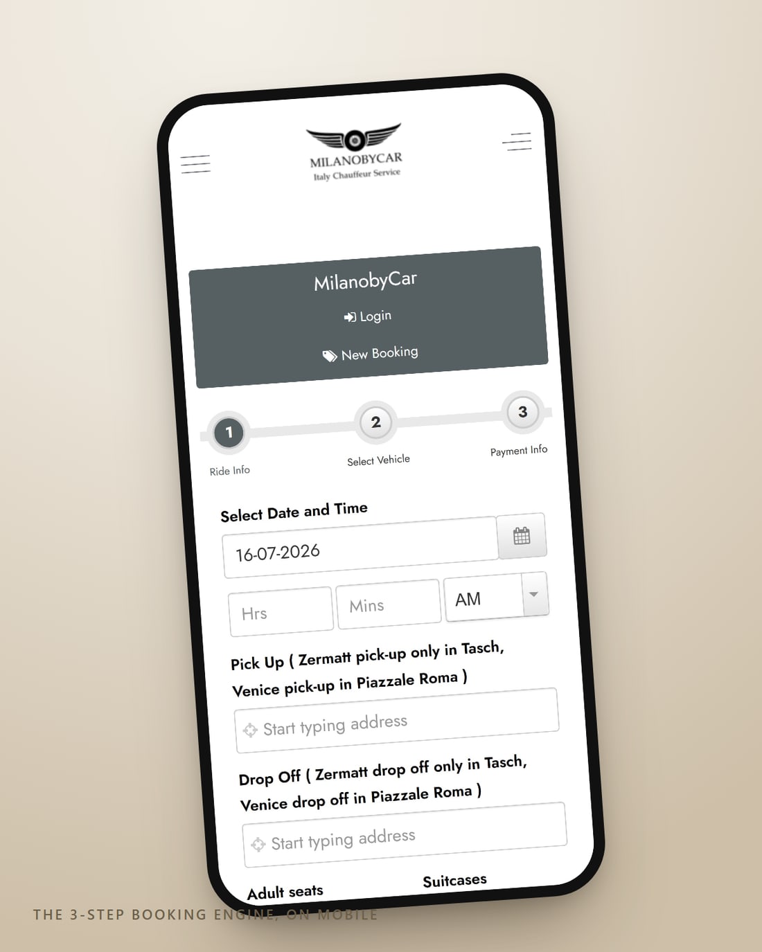 The milanobycar.com booking engine on a phone — a three-step flow with the price shown before you travel