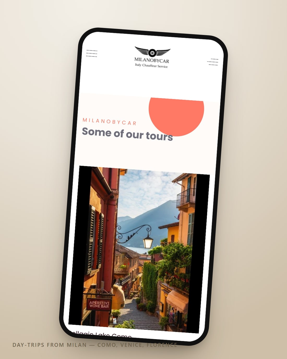 The ‘tours from Milan’ page on mobile — Lake Como, Venice and Florence day-trips