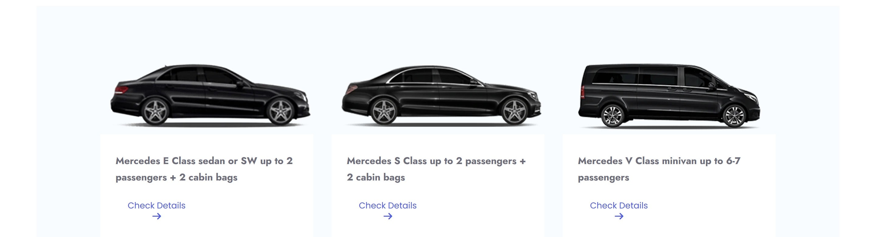 The Mercedes fleet — E-Class, S-Class and V-Class, each sized to the trip