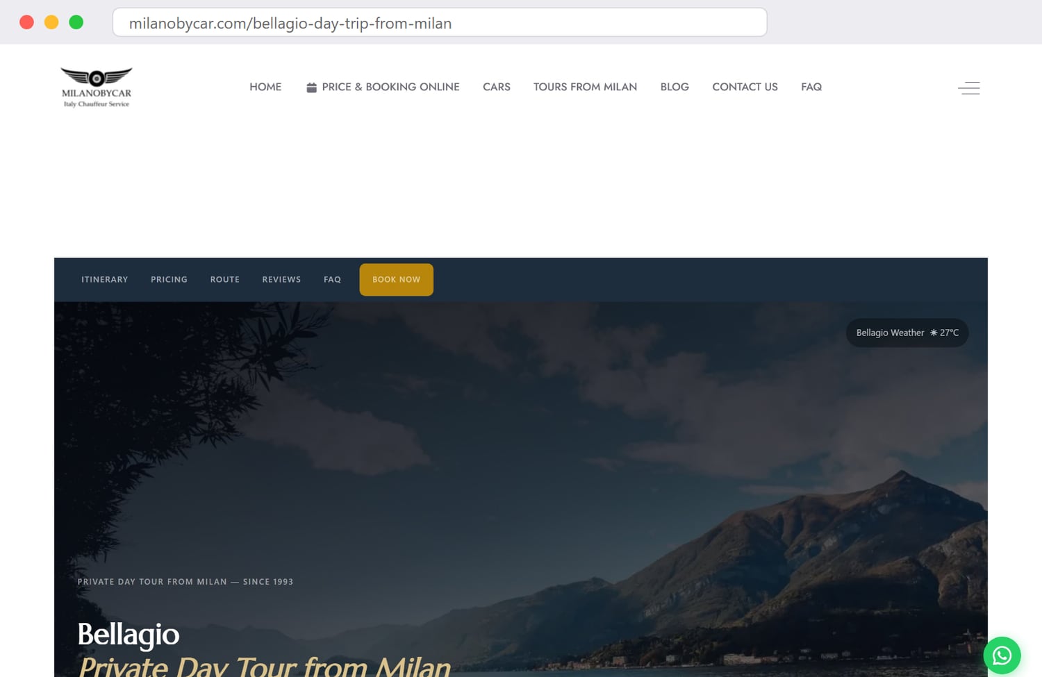 The Bellagio day-trip landing page on milanobycar.com