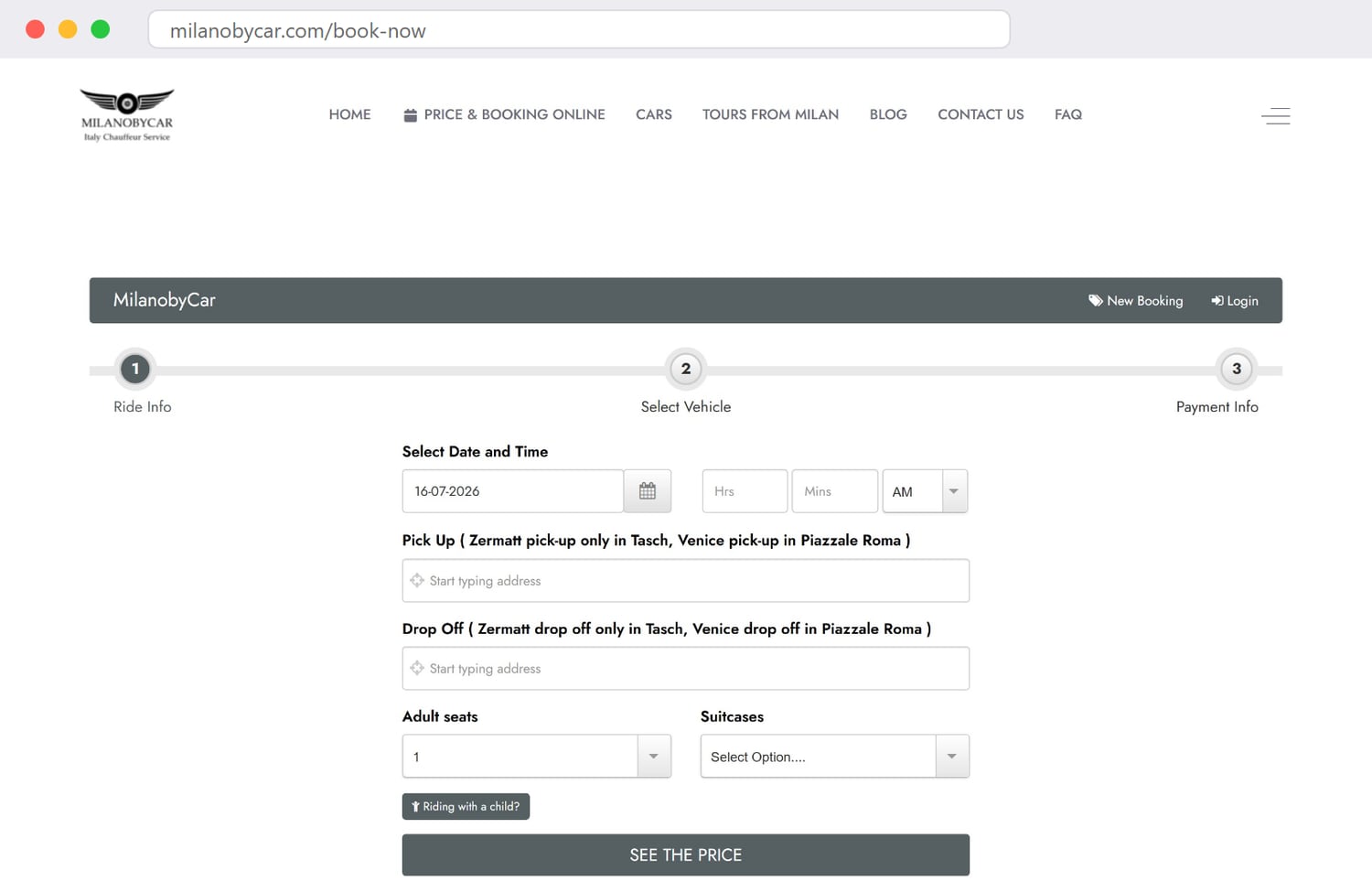 The milanobycar.com online booking engine