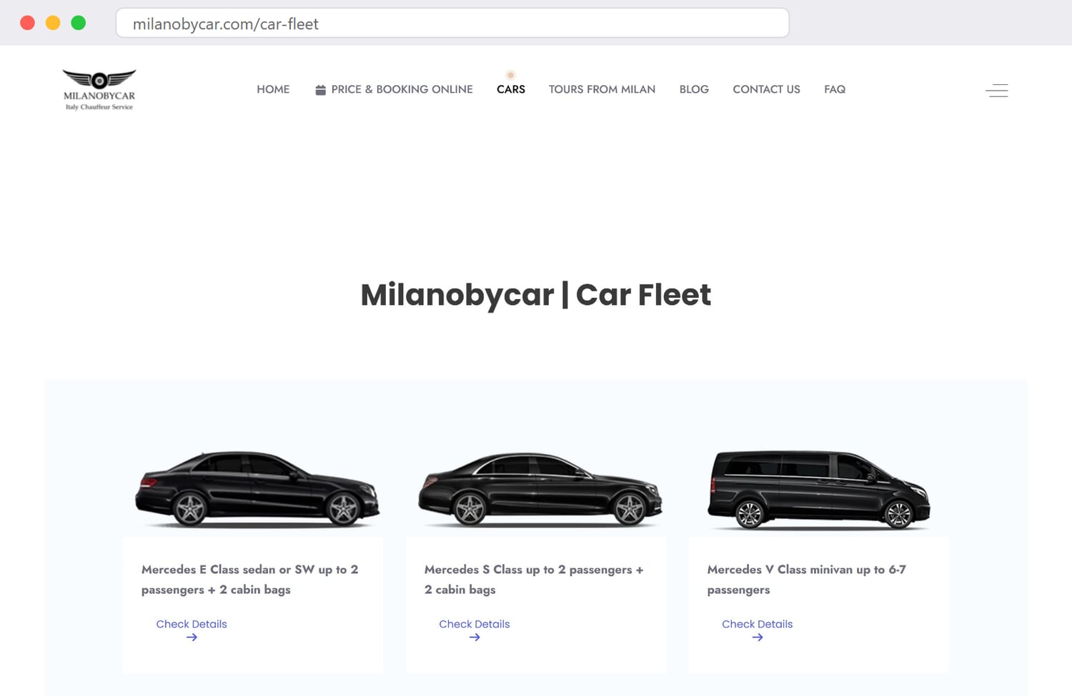 The milanobycar.com car fleet page