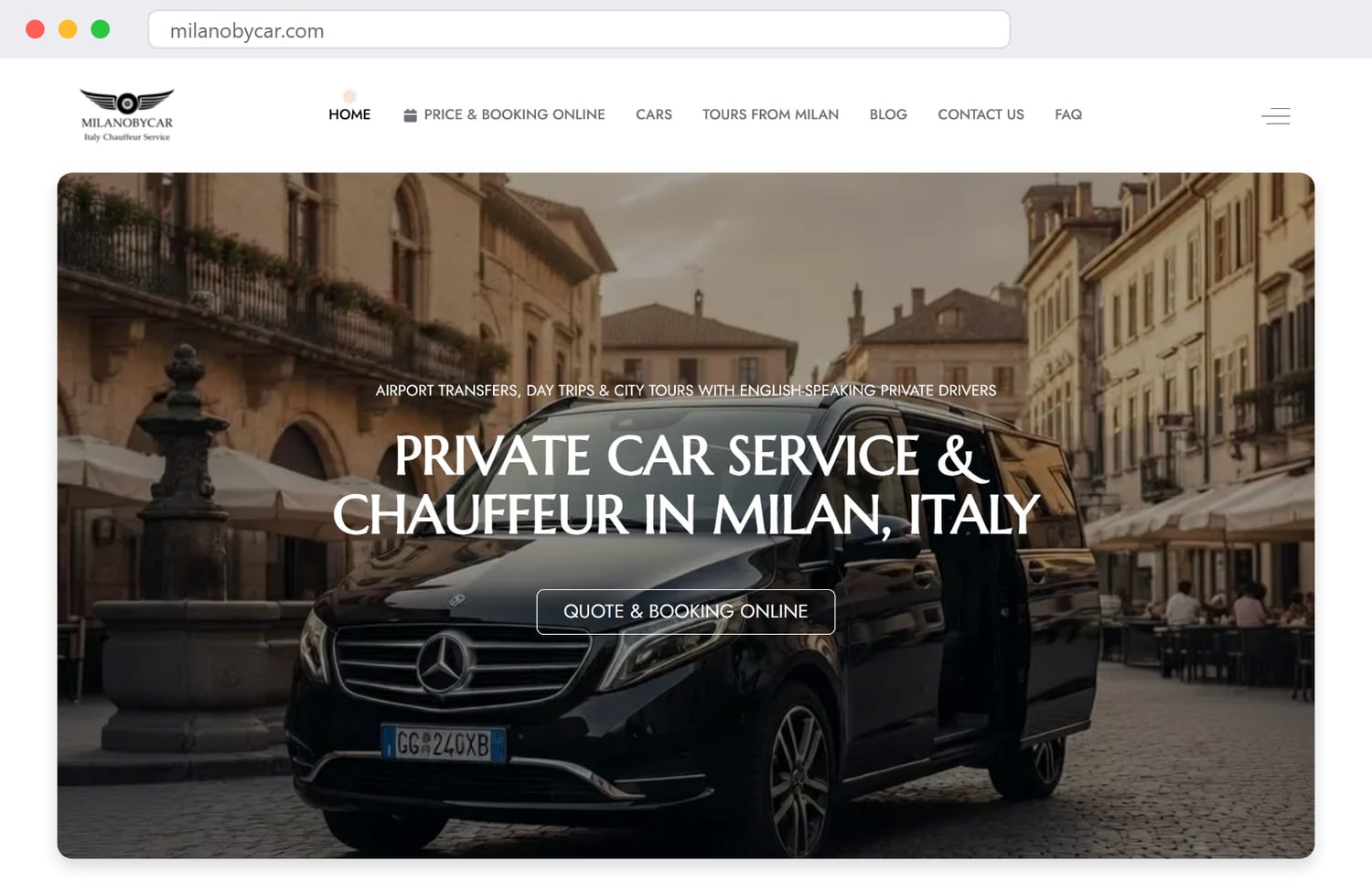 milanobycar.com homepage — private car service and chauffeur in Milan