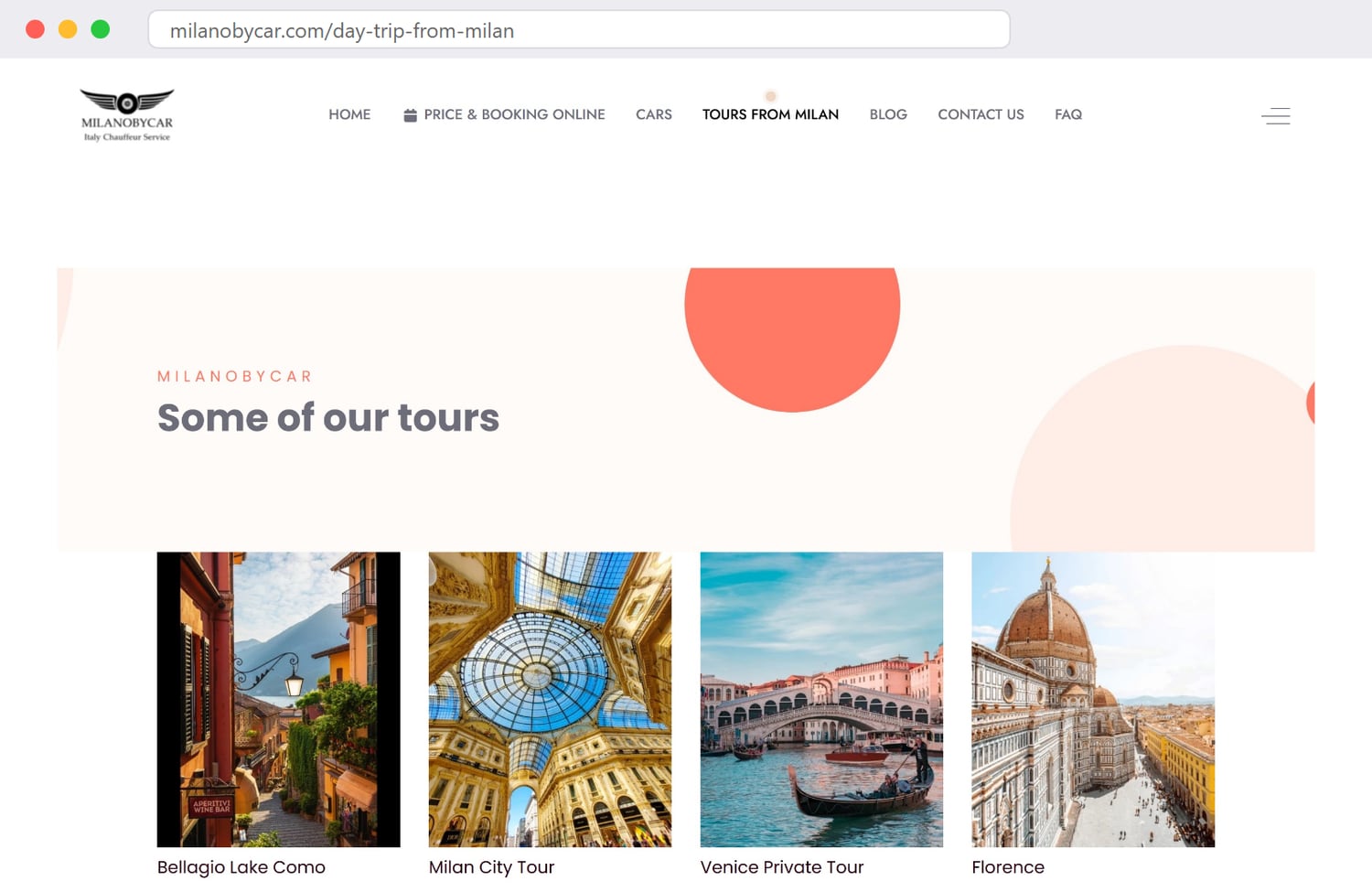 The ‘tours from Milan’ page on milanobycar.com